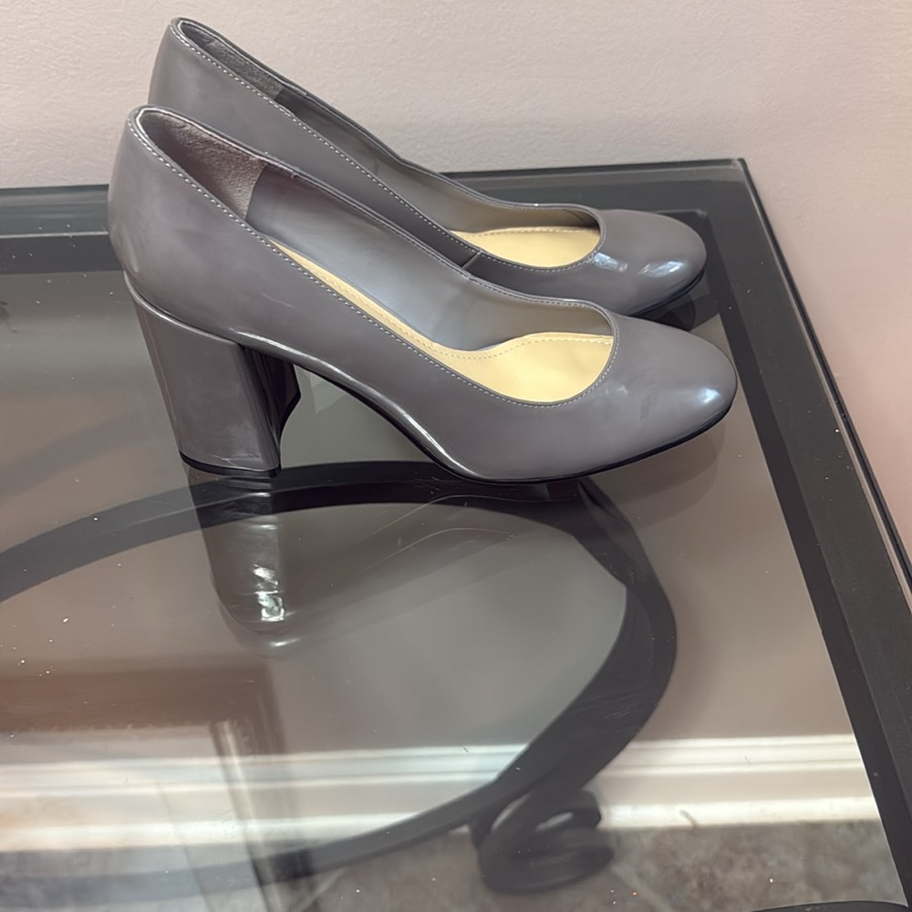 Marc Fisher Gray Heels with Glossy Finish and Pointed Toe